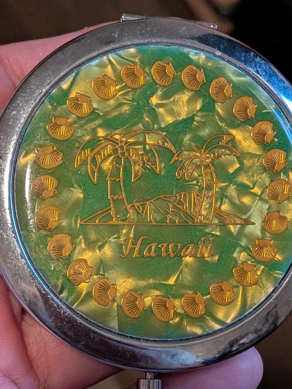 Vintage Hawaii Palm Tree Compact Mirror - Green & Gold Shell Design